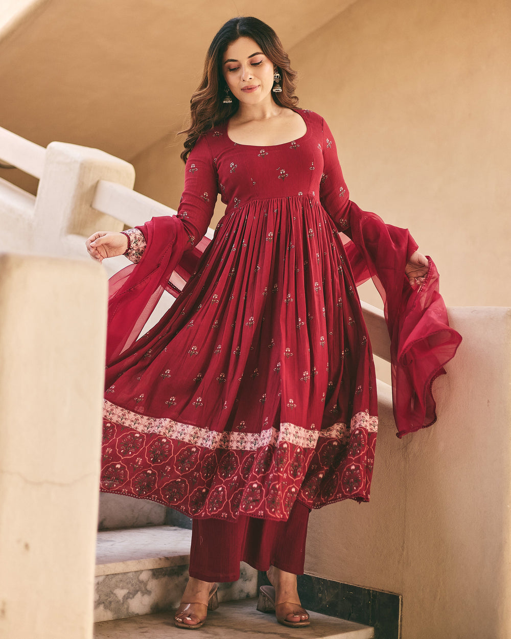 Sara Maroon Cotton Crush Printed Suit Set