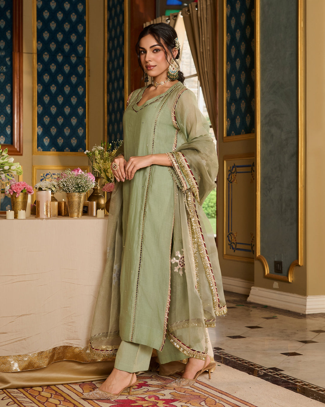 Prabhira Sage Green Embroidered Chanderi Suit Set