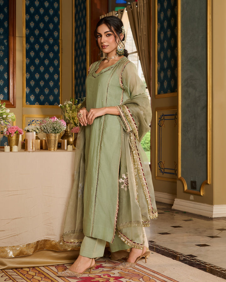 Prabhira Sage Green Embroidered Chanderi Suit Set