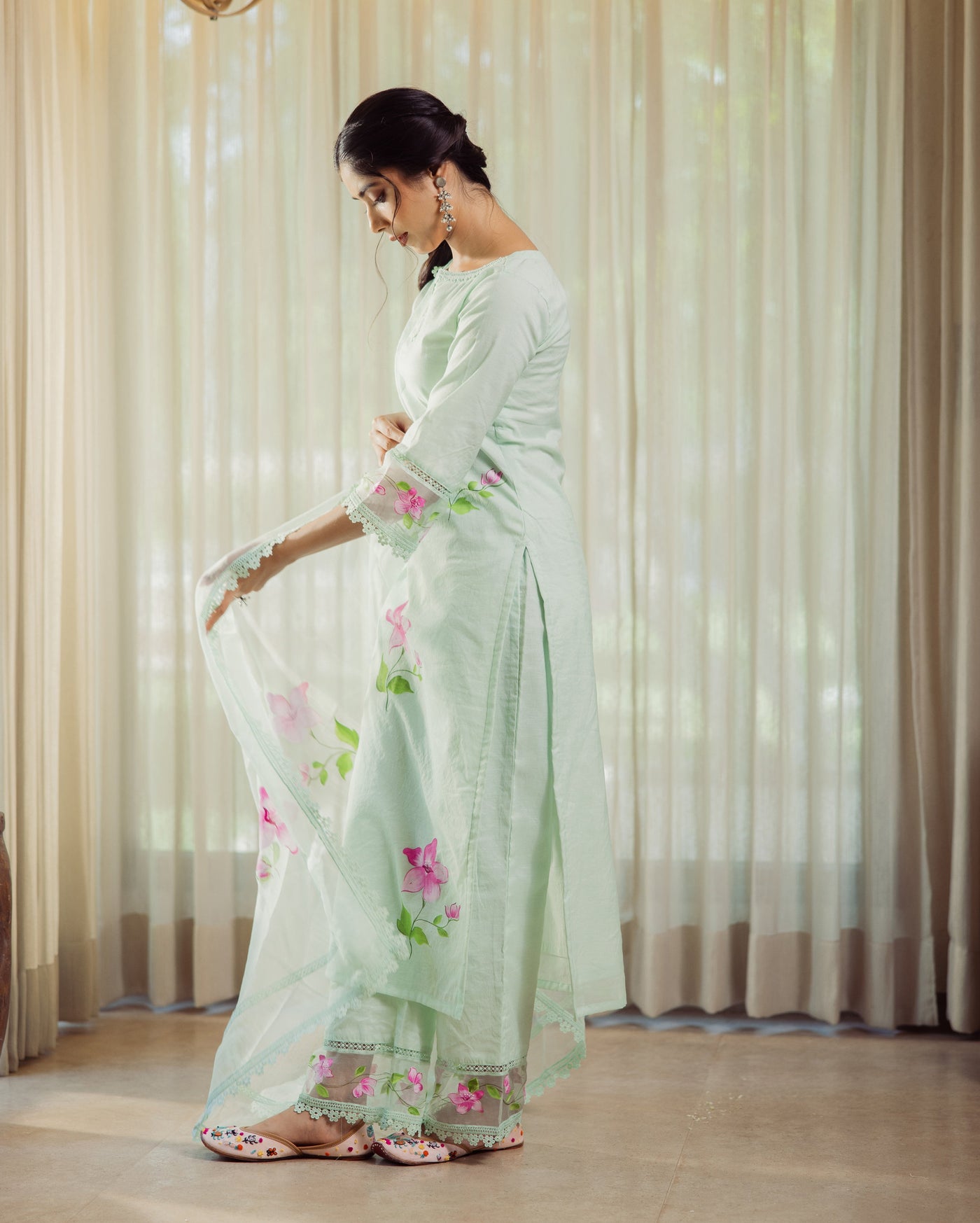 Mirage Mint Green Handpainted Chanderi Suit Set