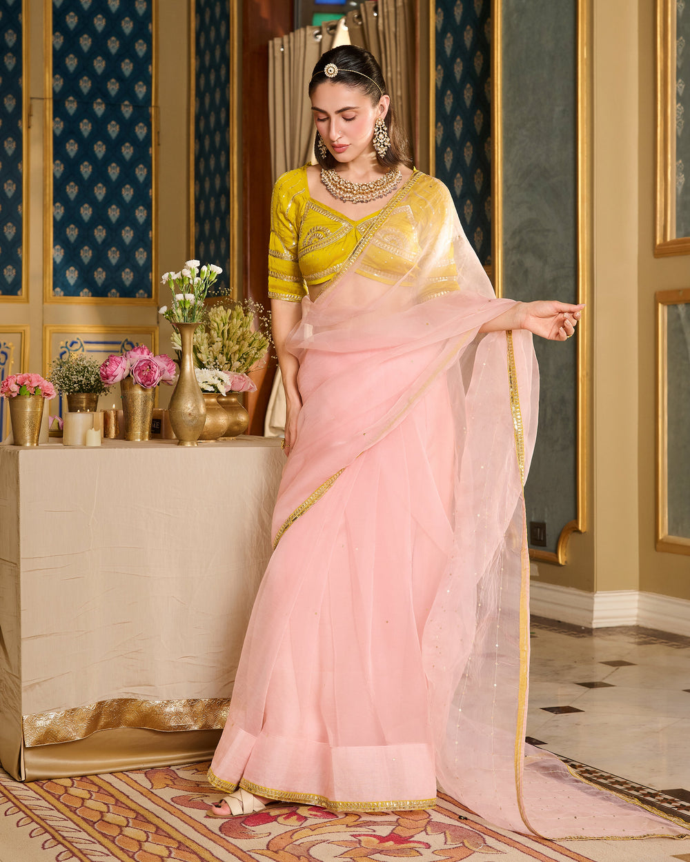 Eira Neon Embroidered Satin Aangi Blouse And Saree