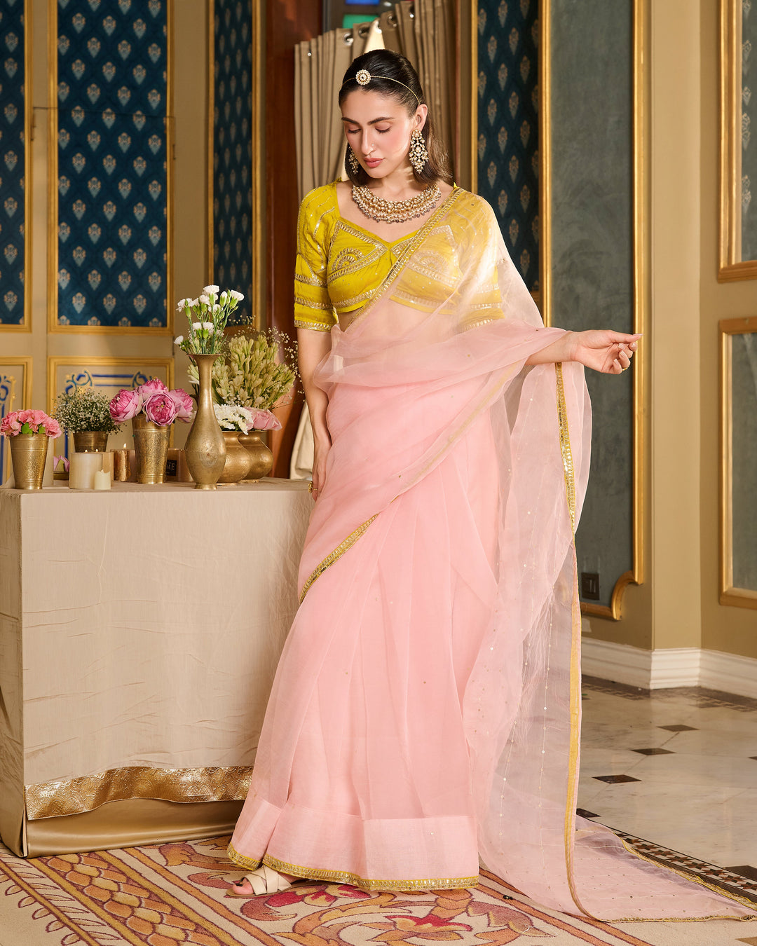 Eira Neon Embroidered Satin Aangi Blouse And Saree