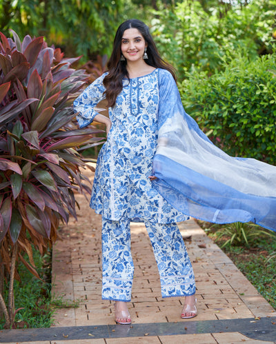 Fresh Blue Printed Cotton Suit Set