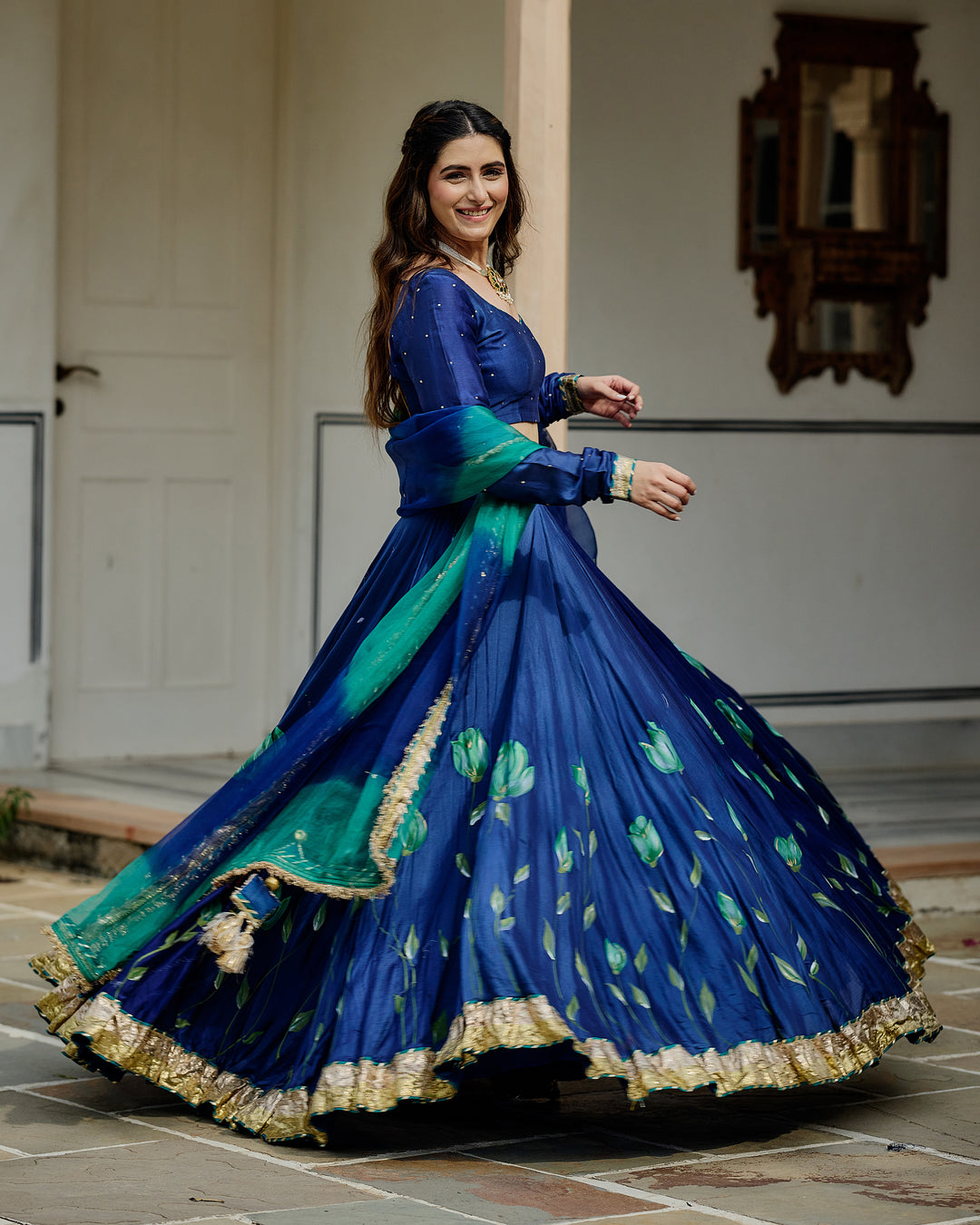 Varnesha Blue Handpainted Chanderi Lehenga Set