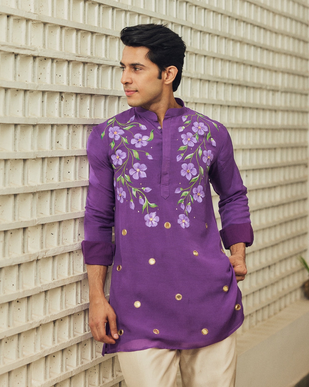 Rudvek Purple Handpainted Tabby Stripes Kurta