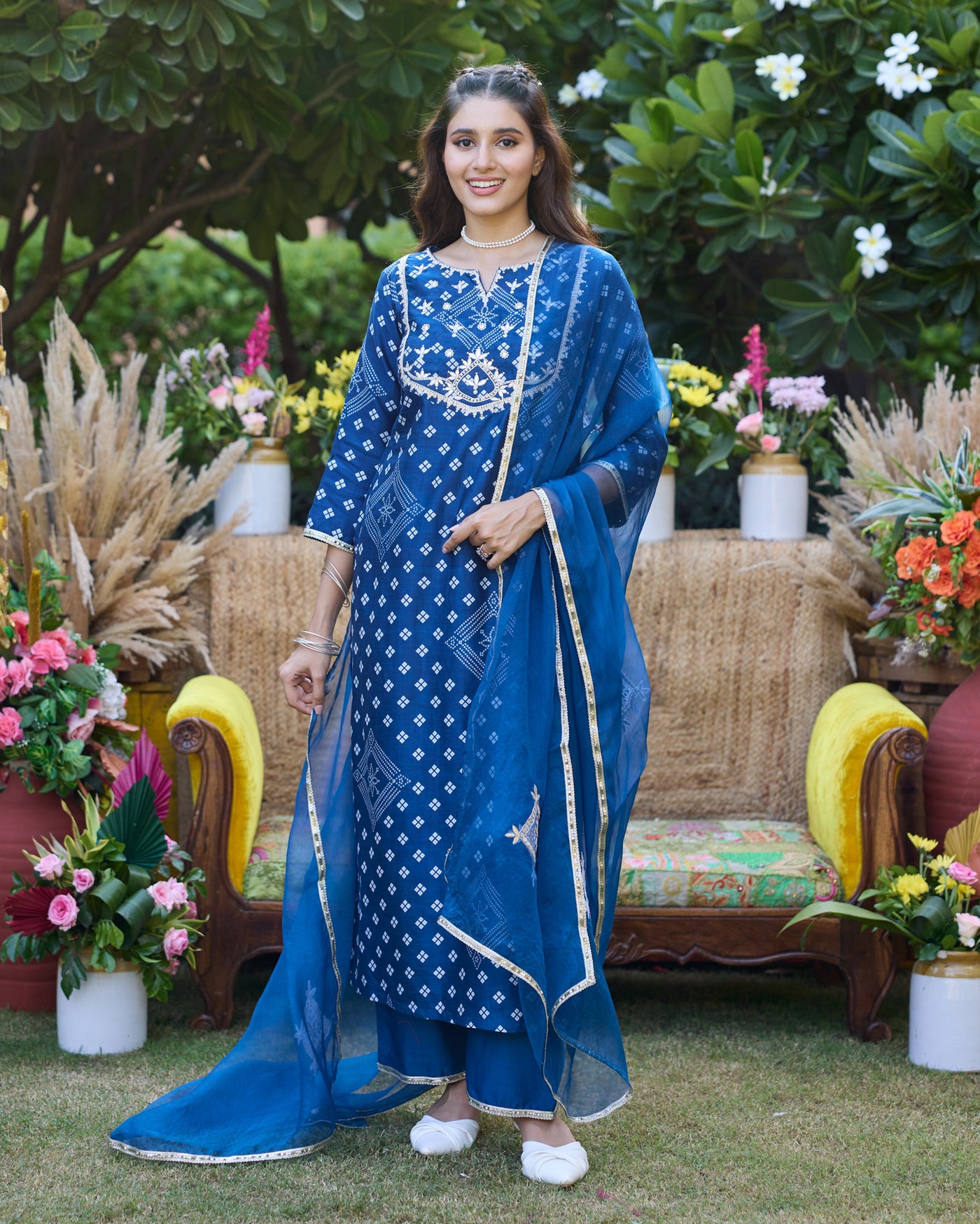 Sargam Blue Bandhani Chanderi Suit Set