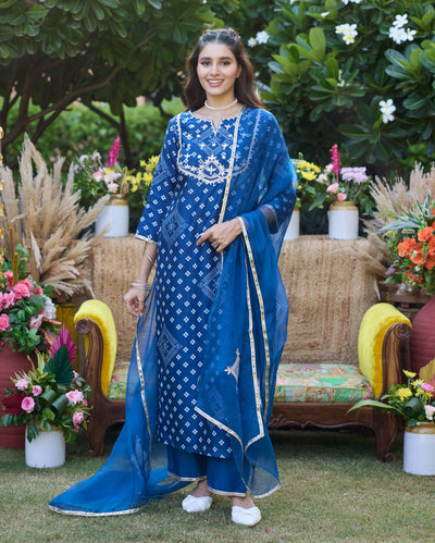 Sargam Blue Bandhani Chanderi Suit Set