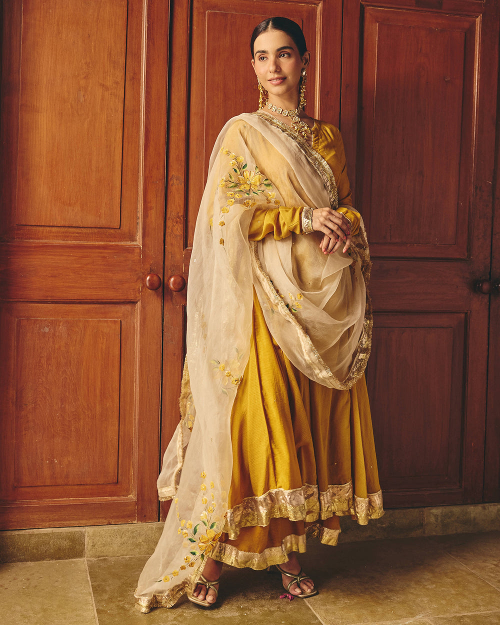 Alekya Mustard Handpainted Cotton Checks Suit Set