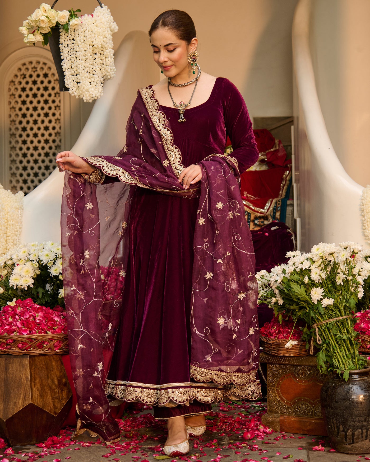 Mahika Purple Solid Velvet Suit Set