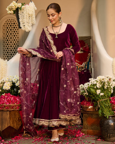 Mahika Purple Solid Velvet Suit Set