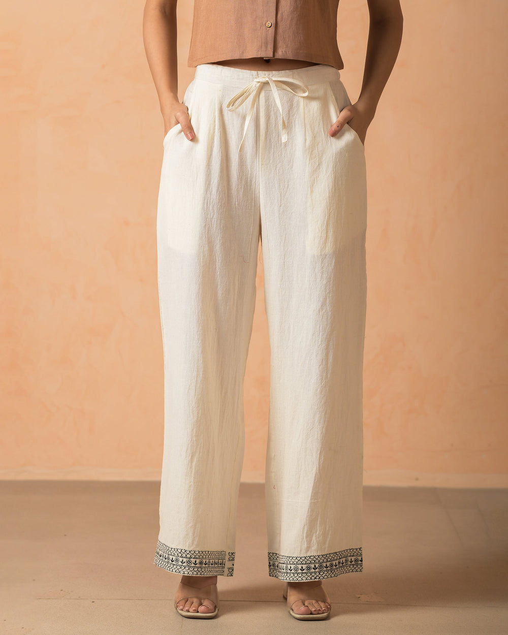Anira Cream Cotton Flex Embroidered Straight Pants