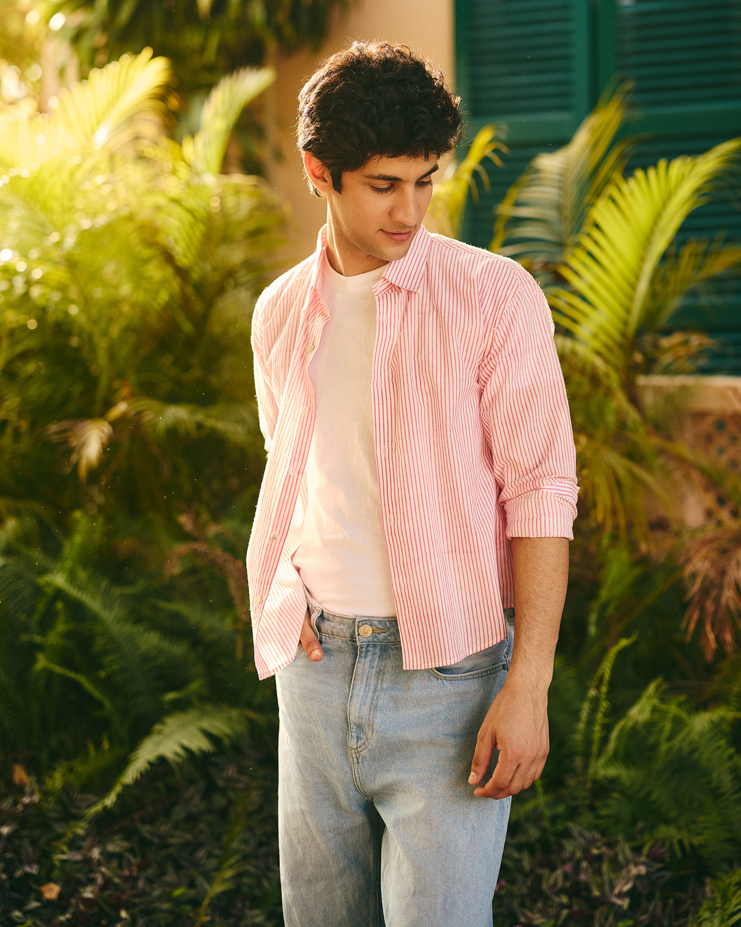 Yaro Pink Cotton Checks Stripes Shirt