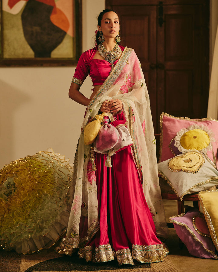 Kalvani Pink Handpainted Satin Lehenga Set