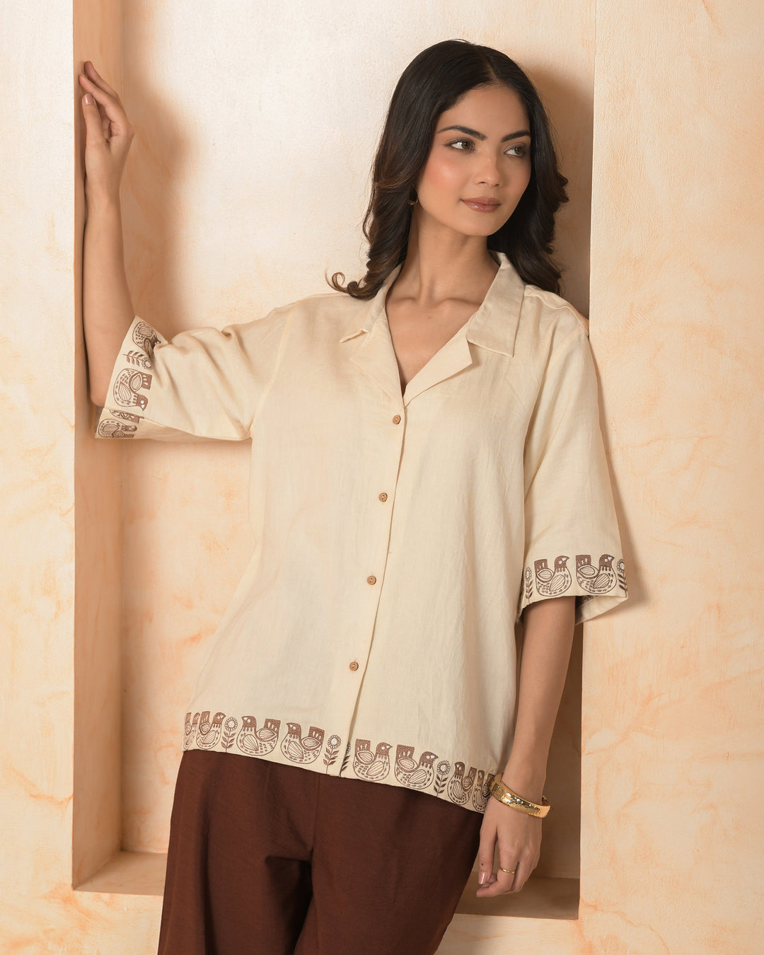 Vira Cream Embroidered Cotton Satin Shirt