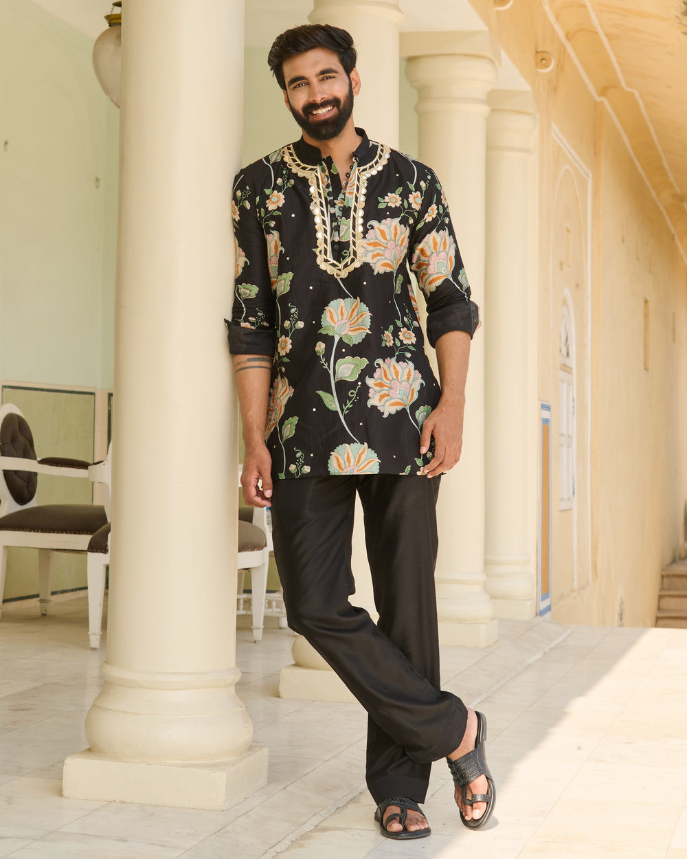 Rudra Black Printed Chanderi Kurta