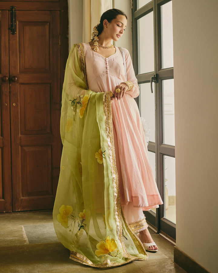 Rangriti Peach Handpainted Cotton Crush Suit Set