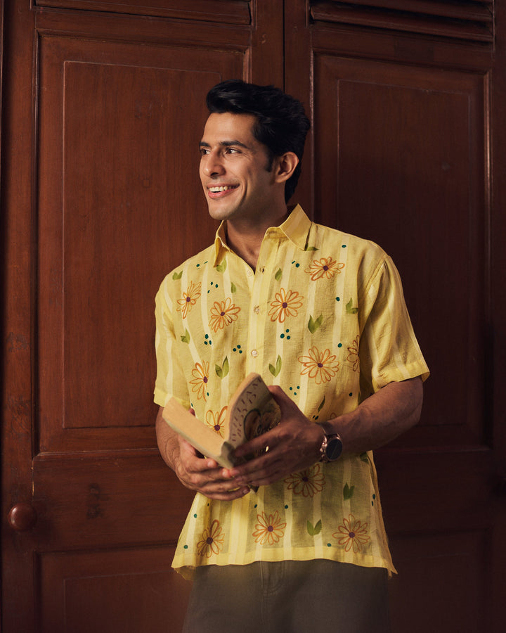 Prashant Yellow Cotton Dobby Handpainted Shirt