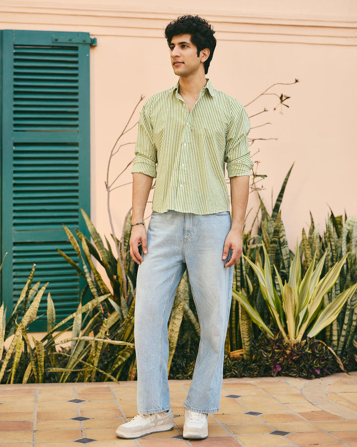 Nako Green Cotton Stripes Shirt