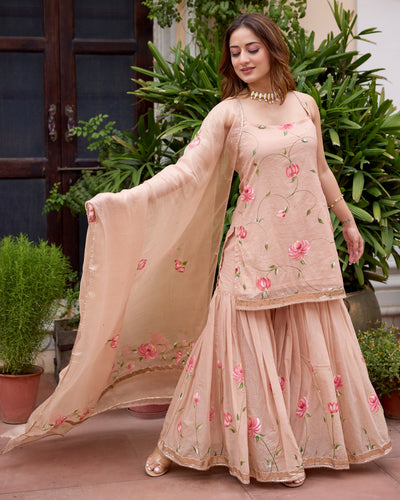 Palash Tan Handpainted Chanderi Sharara Set
