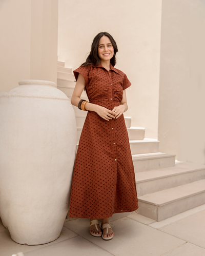 Earthy Brown Cotton Schiffli Dress