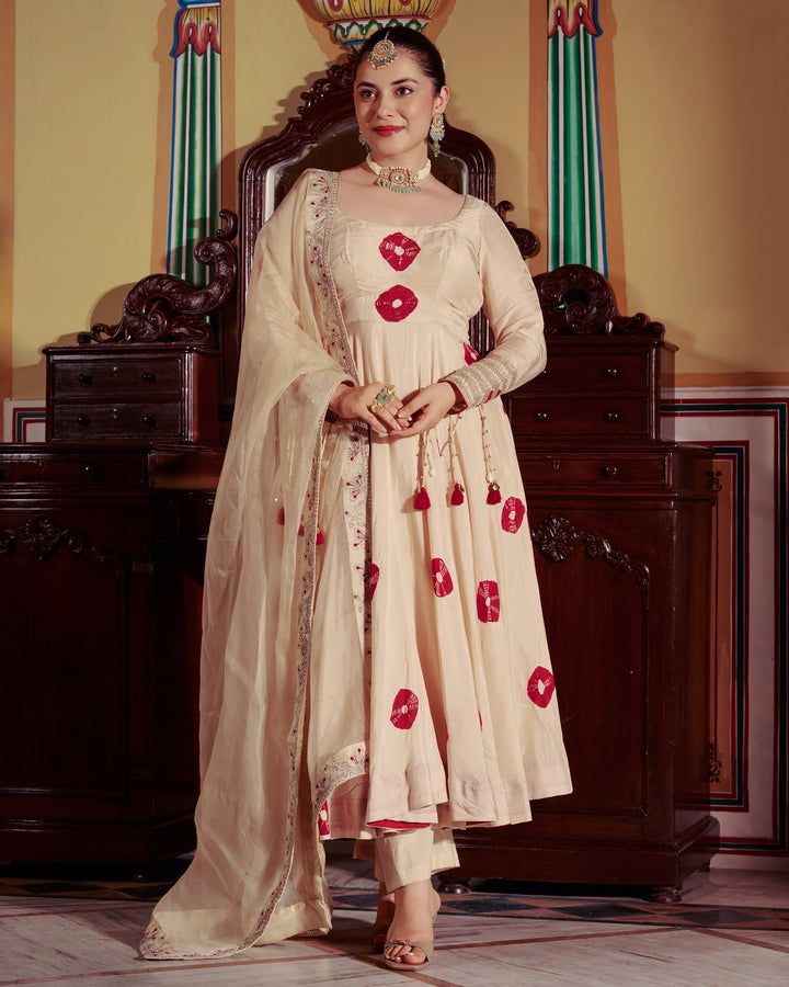 Sharada Beige Bandhani Muslin Suit Set