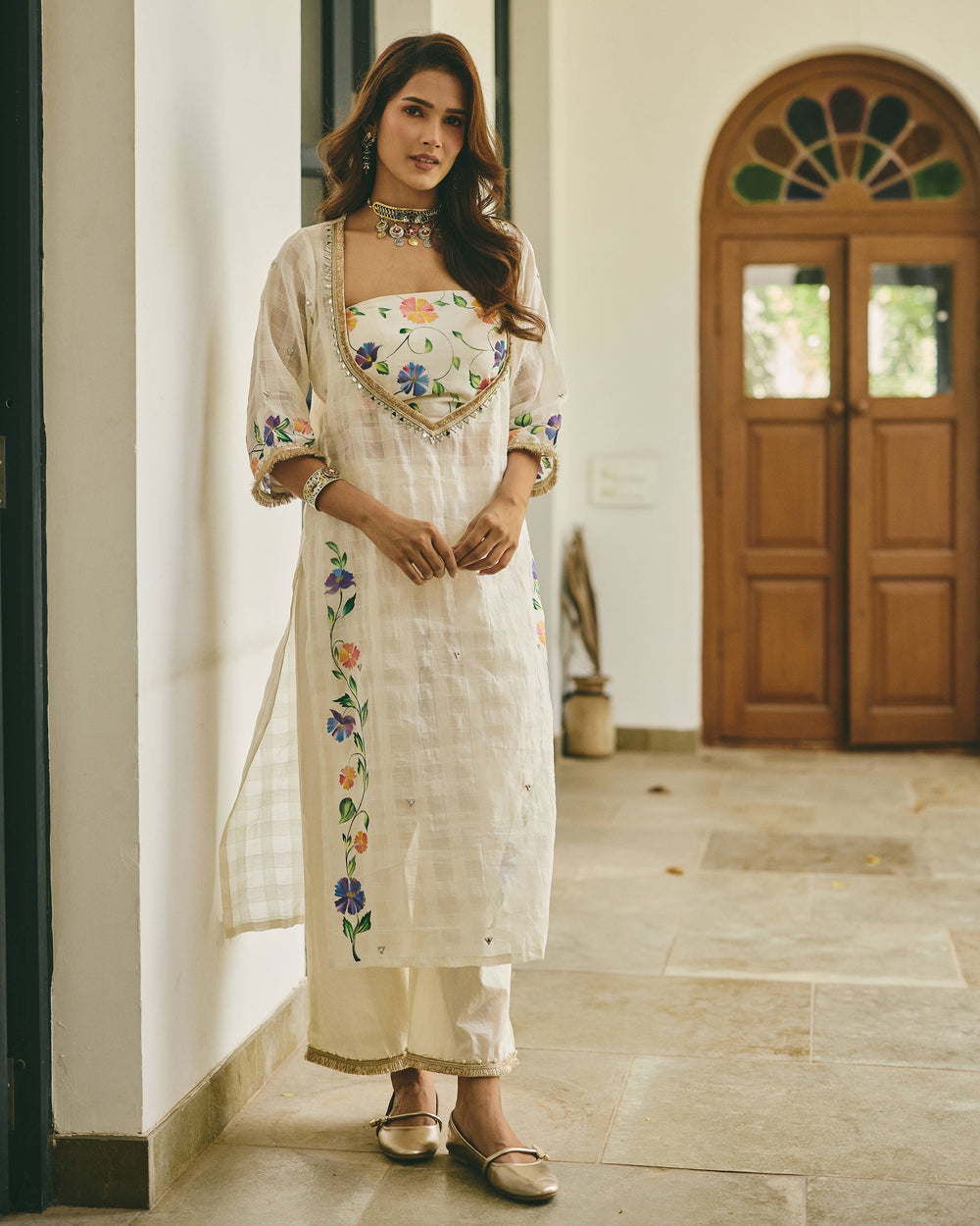 Alekha Cream Handpainted Cotton Checks Coord Set