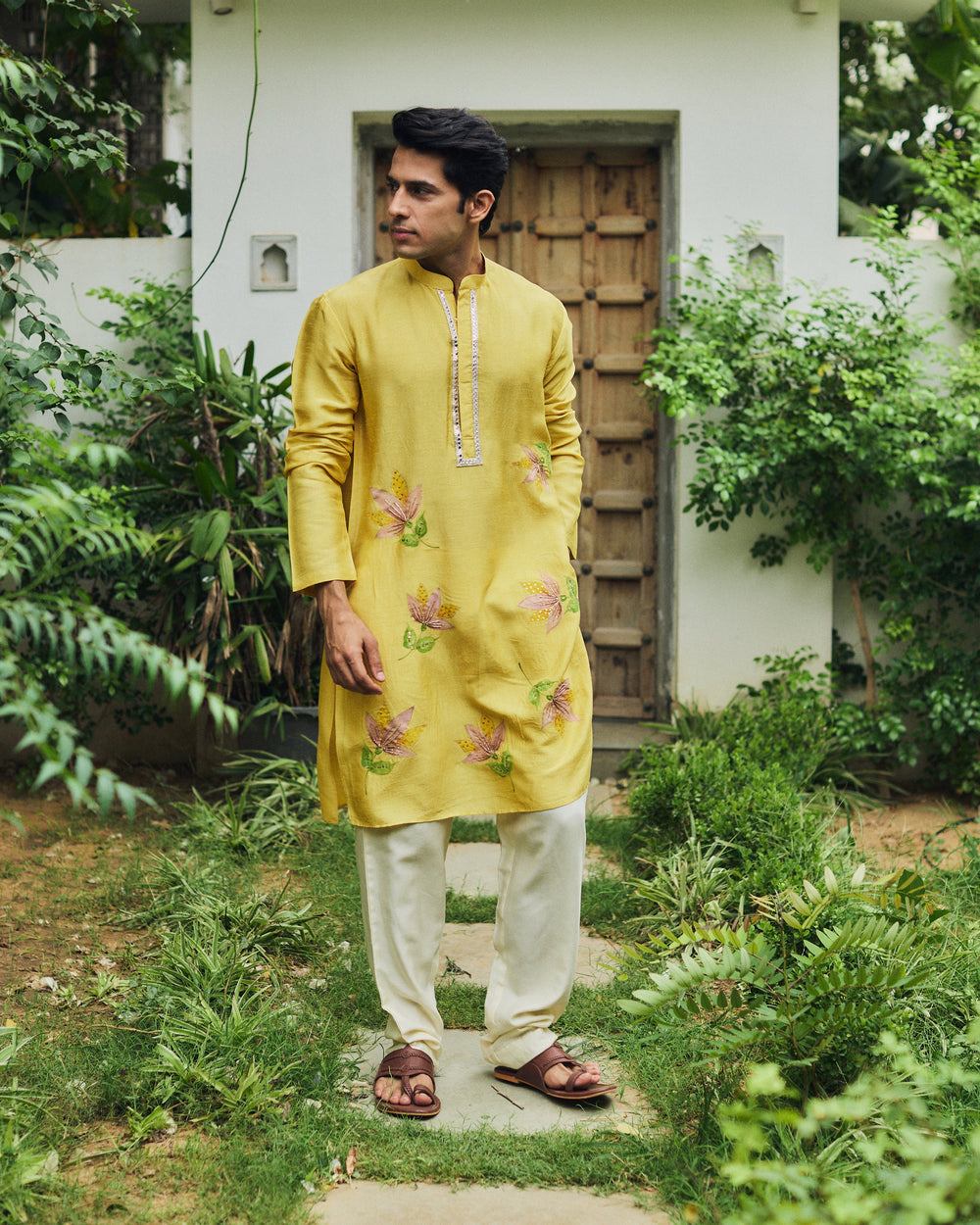 Aurev Yellow Handpainted Silk Kurta
