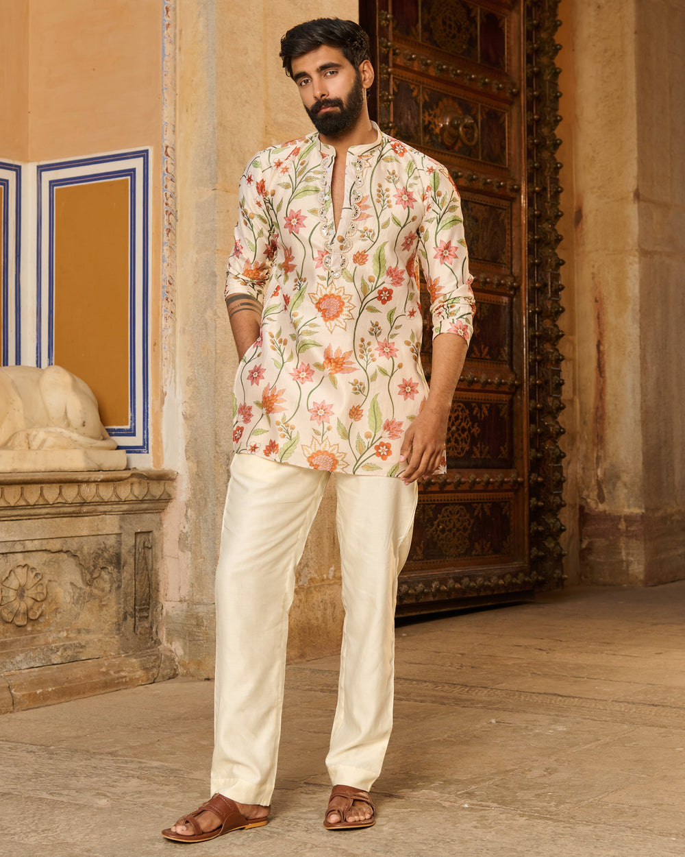 Atharv Ivory Printed Chanderi Kurta