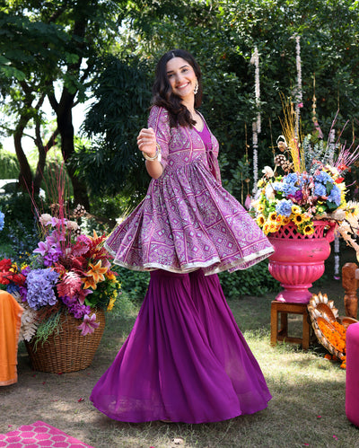 Geometric Purple Elegance Printed Satin Sharara Set
