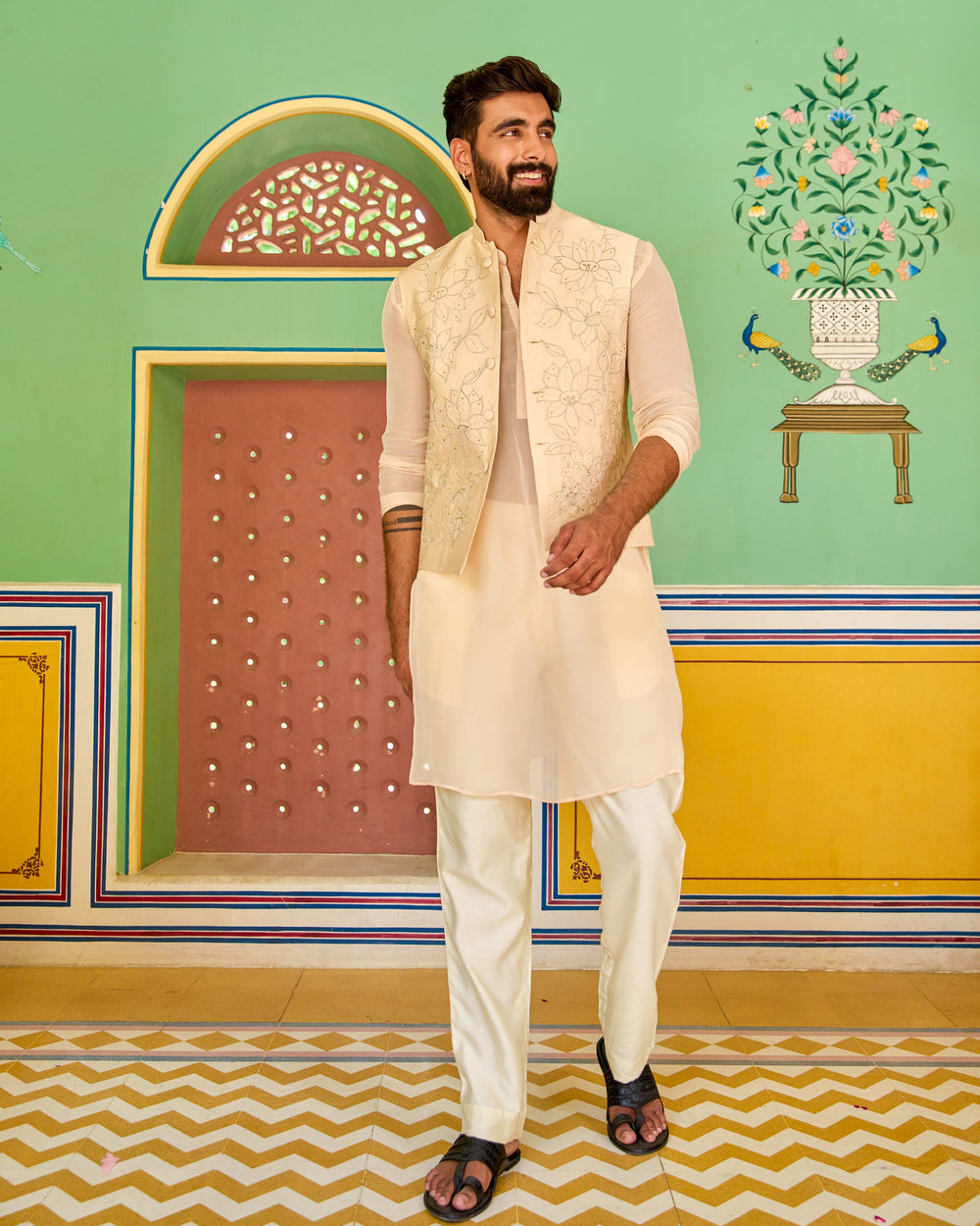 Parag Beige Embroidered Silk Jacket And Kurta Set
