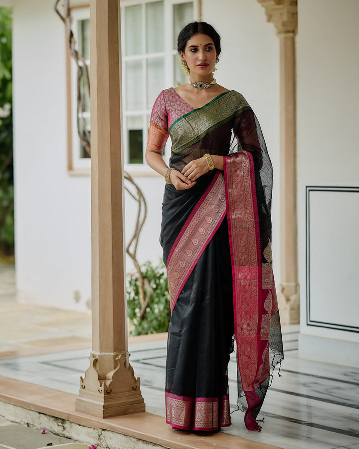 Vaibhav Black Pink Doria Butta Border Saree