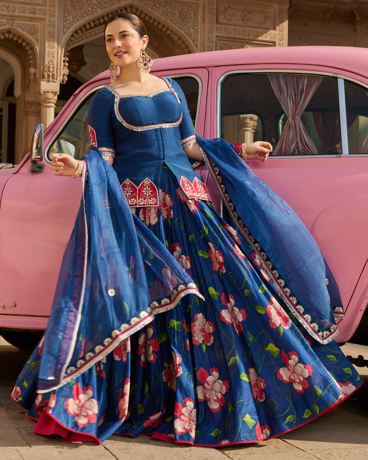 Taj Blue Printed Chanderi Lehenga Set