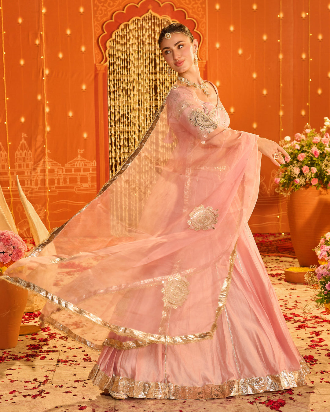Tejal Baby Pink Embroidered Chanderi Aangi Lehenga Set