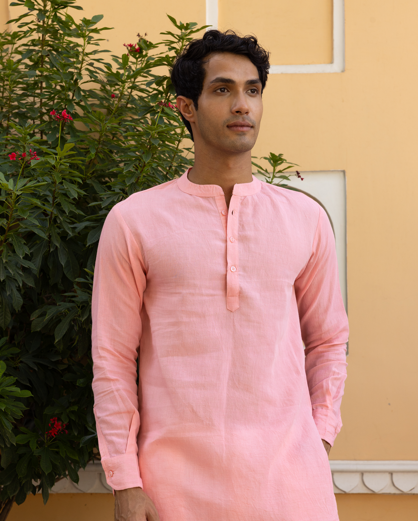 Aghora Peach Solid Linen Kurta