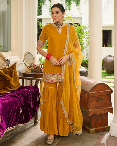 Kavi Yellow Embroidered Velvet Sharara Set