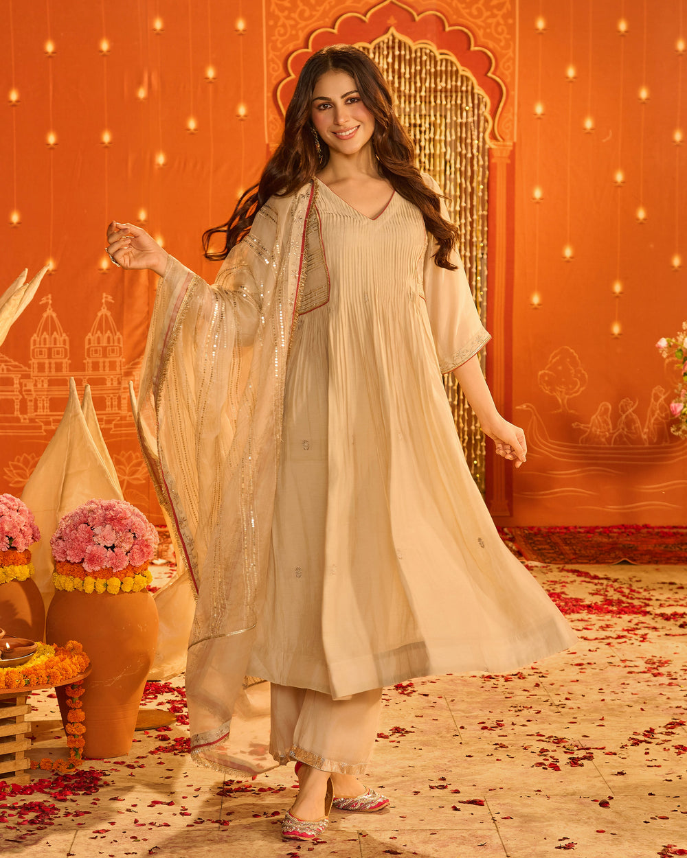 Jyotsna Beige Embroidered Chanderi Suit Set