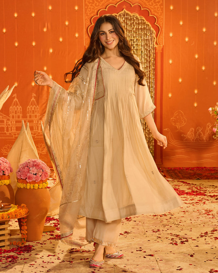 Jyotsna Beige Embroidered Chanderi Suit Set