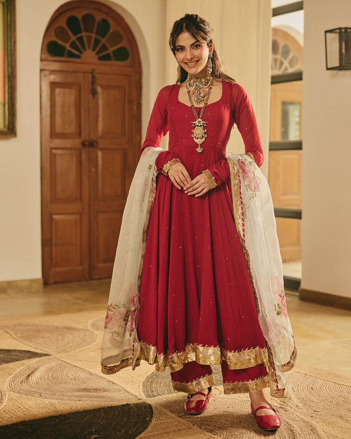 Chitrangi Maroon Handpainted Cotton Checks Suit Set