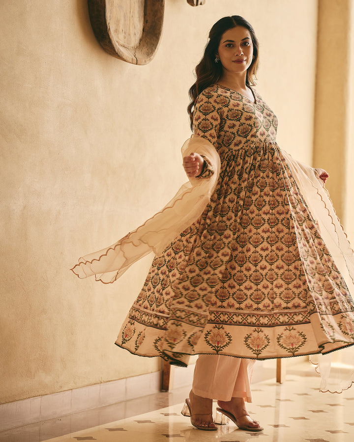 Sahara Peach Cotton Printed Suit Set