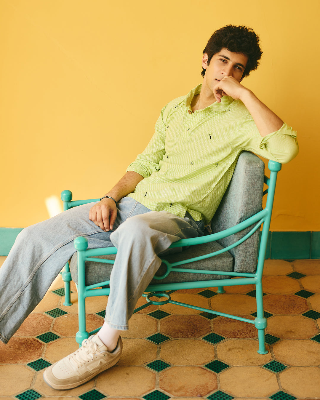Zian Green Embroidered Cotton Checks Printed Shirt