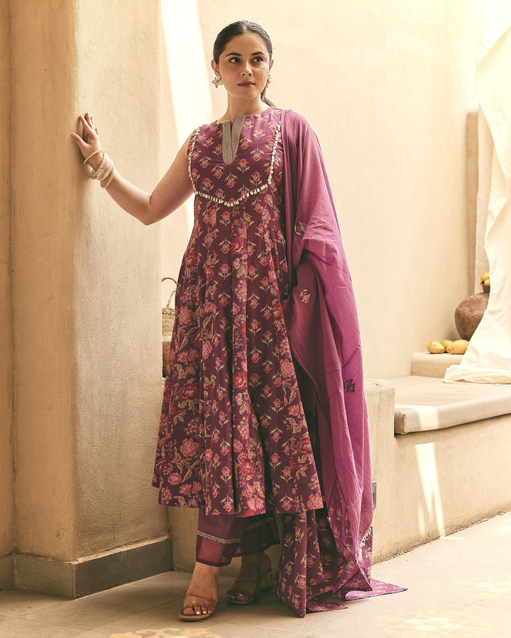 Inaya Purple Cotton Printed Suit Set