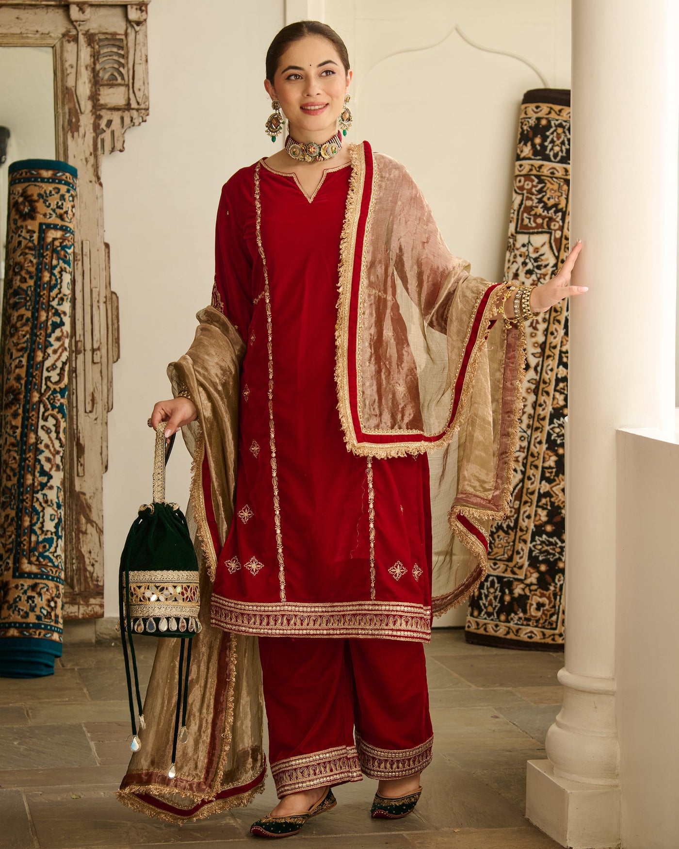 Saya Red Embroidered Velvet Suit Set