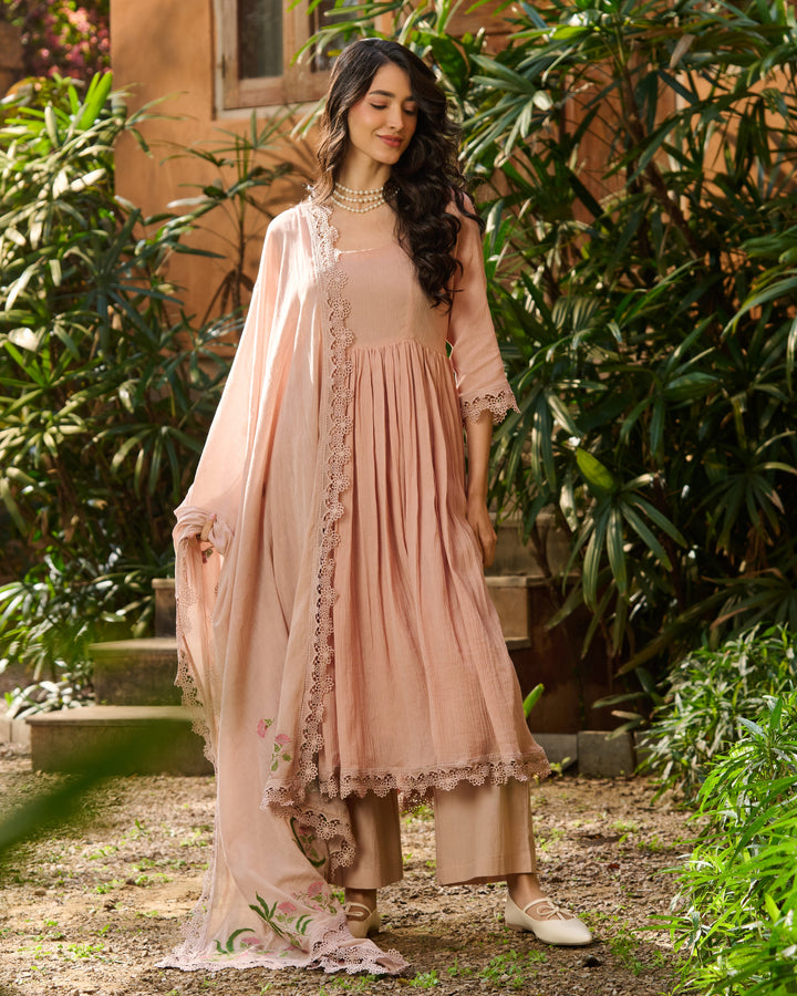 Fizz Beige Embroidered Cotton Crush Suit Set