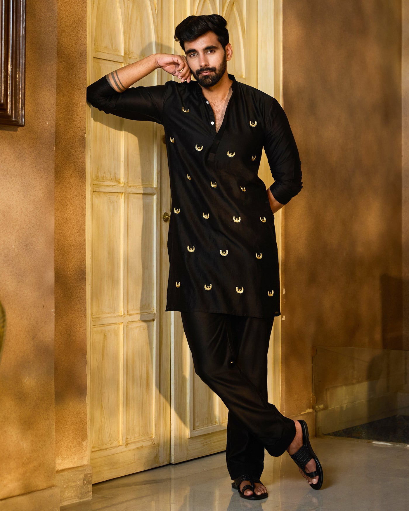 Prithvi Black Embroidered Chanderi Kurta