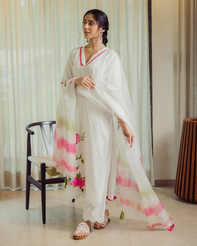 Poise White Handpainted Cotton Suit Set