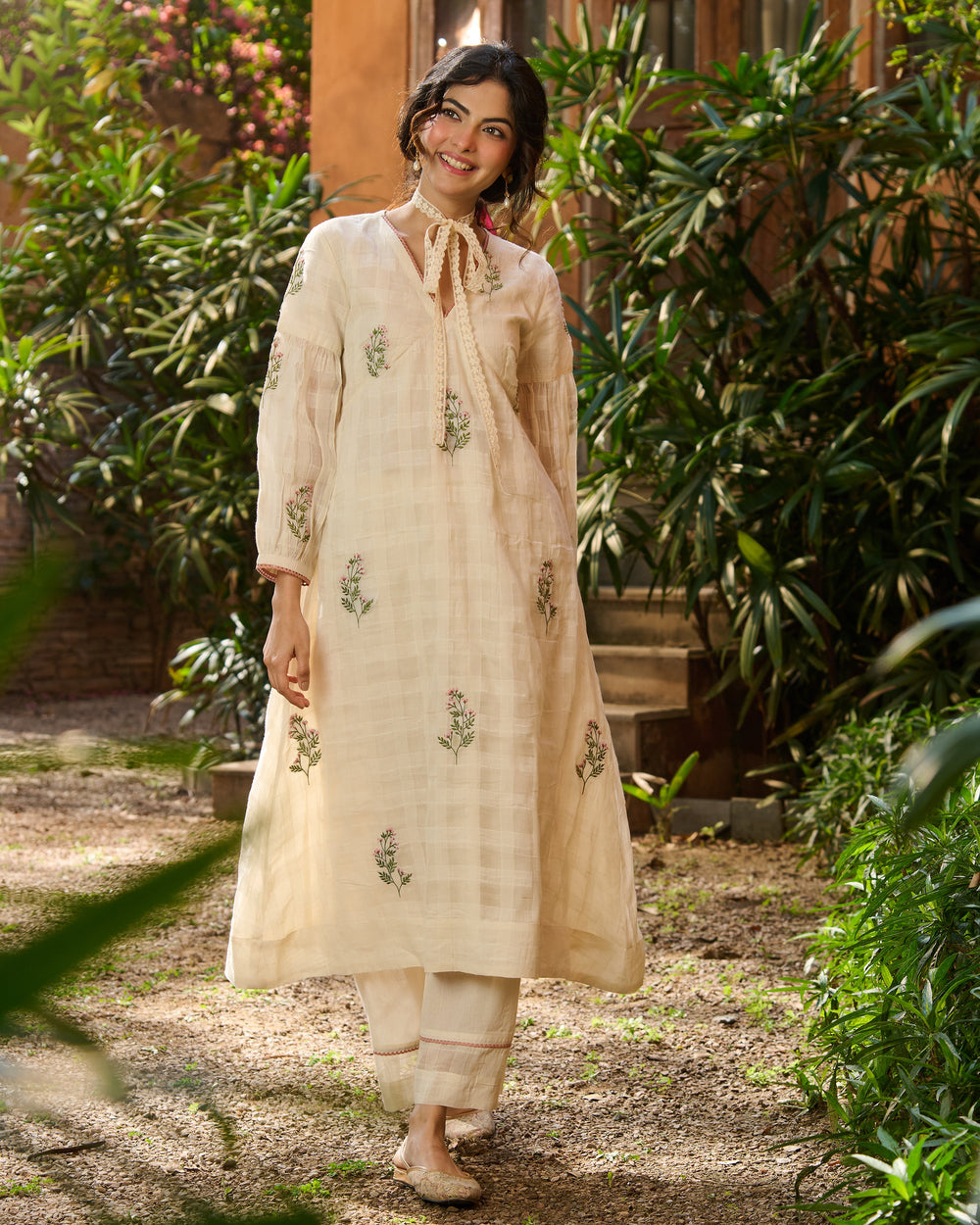 Sidoni Off White Embroidered Cotton Checks Kurta Set