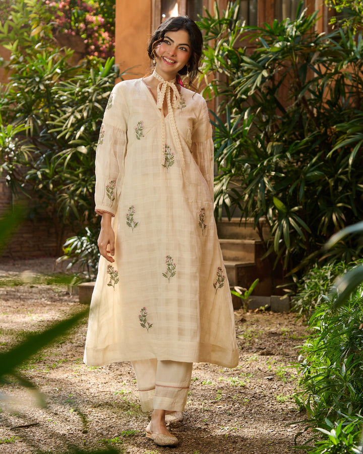 Sidoni Off White Embroidered Cotton Checks Kurta Set