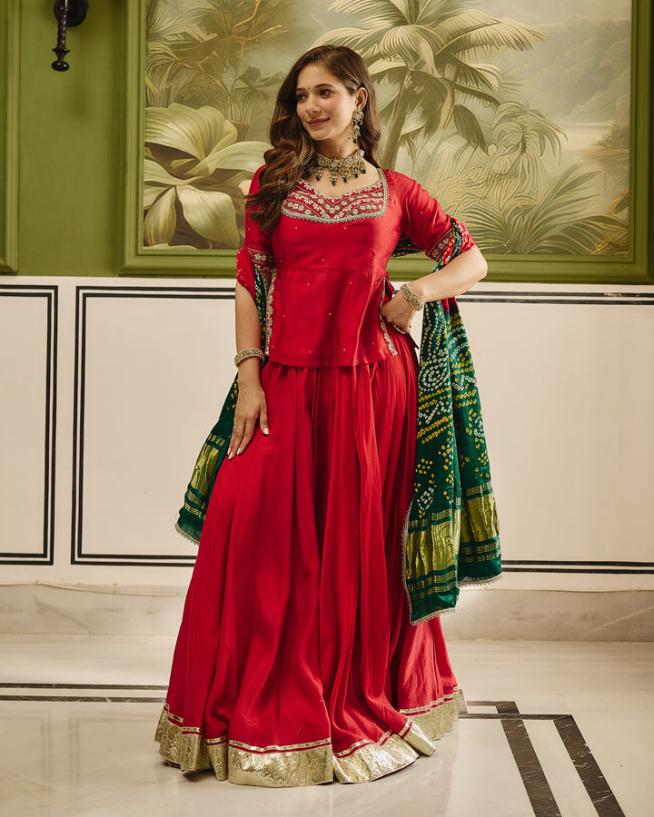 Anuroop Red Embroidered Chanderi Lehenga Set