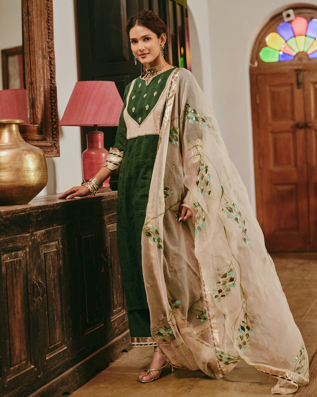 Rangita Green Handpainted Cotton Checks Suit Set