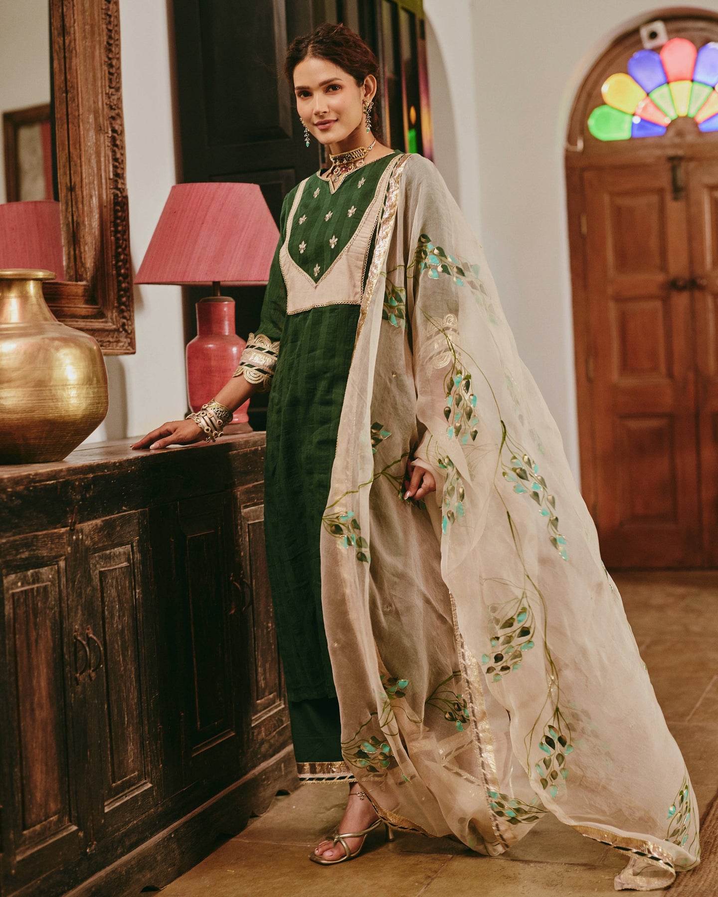 Rangita Green Handpainted Cotton Checks Suit Set